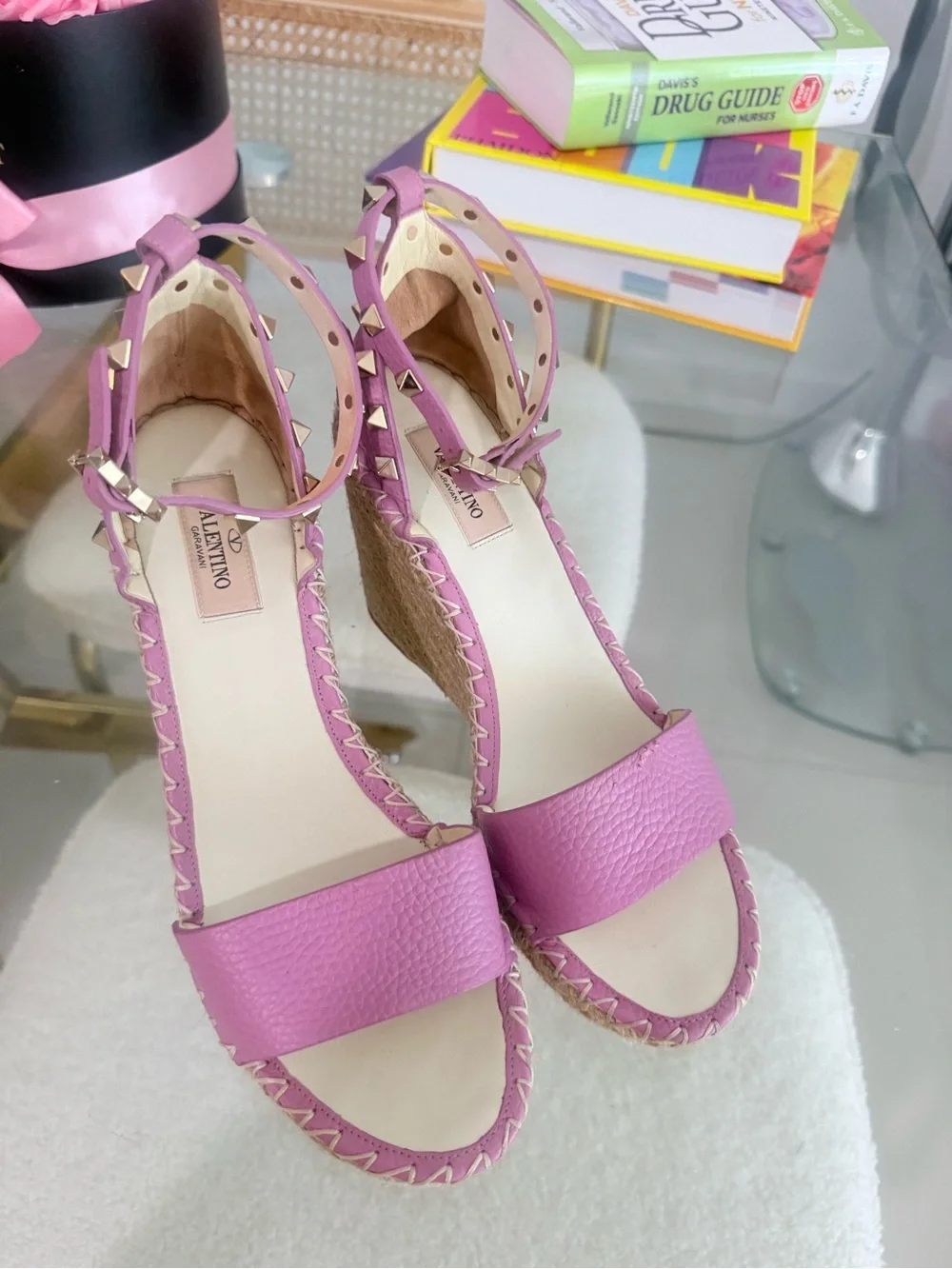 Valentino Garavani Women’s Pink Espadrille Wedge Sandals with Ankle Strap